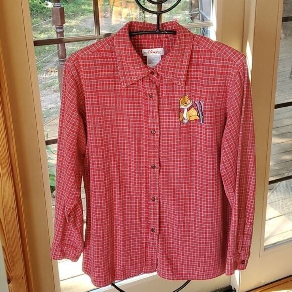 Disney Embroidered Red Flannel Pooh Skying Casual Button Down Sz XL Shirt - Picture 2 of 8